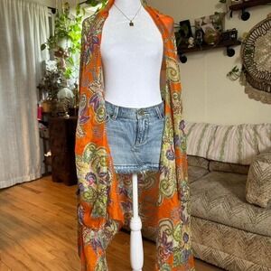 Boho Orange Paisley Floral Open Front Kimono Wrap Cover Up RN129510